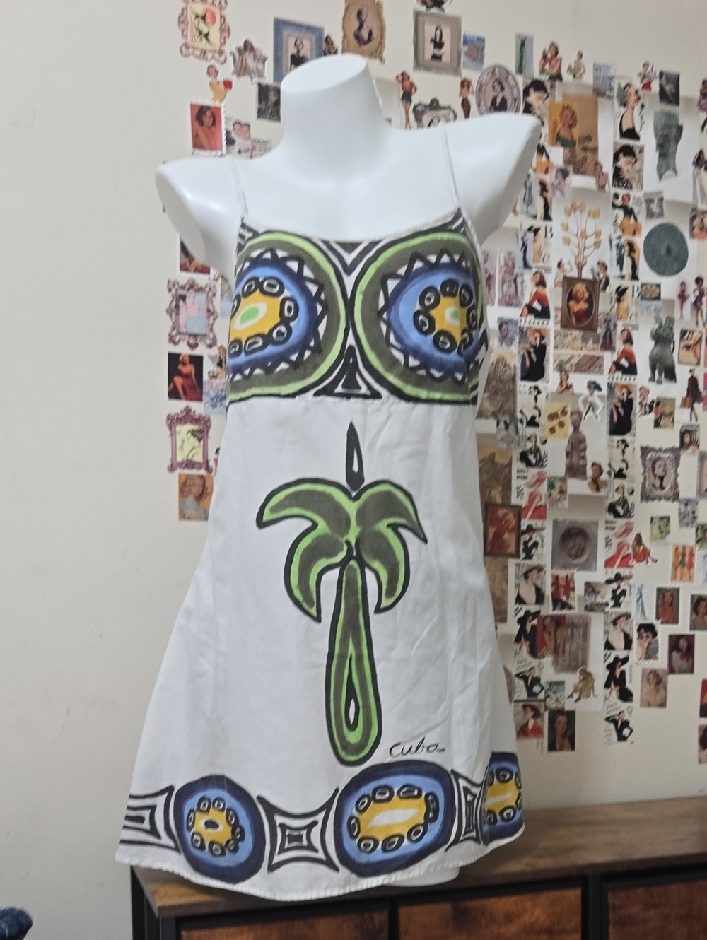 Hand Painted Cuba White 100% Cotton Palm Tree Print Sundress Spaghetti Strap